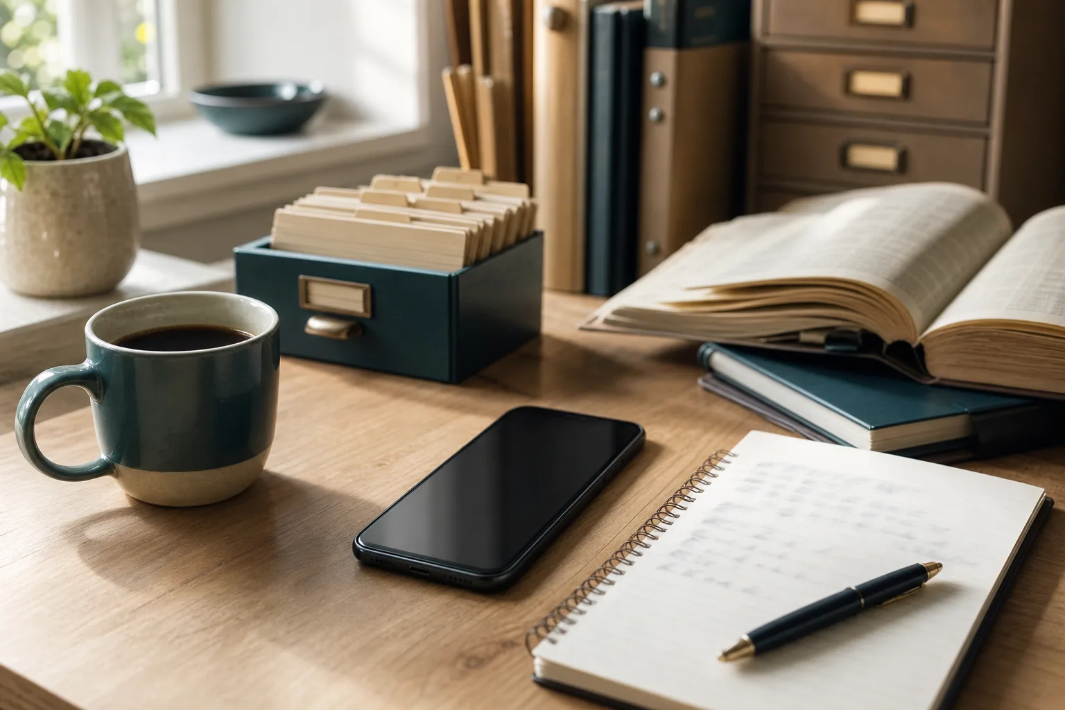 Smartphone med släckt skärm på ett köksbord bredvid en kaffekopp och ett anteckningsblock